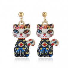 Oriental Cat Hanging Earrings - Multi-Coloured Cat