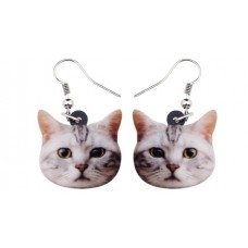 Grey Tabby Cat Face Acrylic Earrings